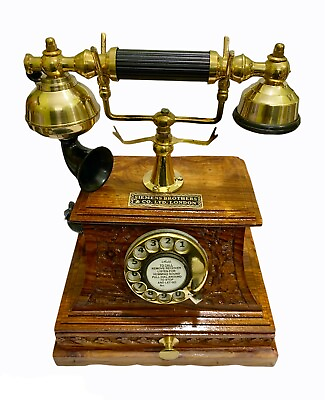 #ad #ad Antique Old Working Rotary Style Wooden Engraved Collectible Telephone Decor $160.05