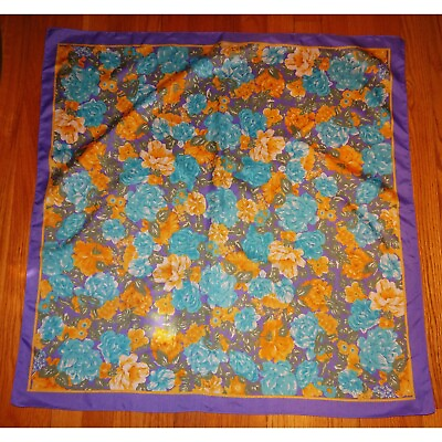 #ad Vintage Blue amp; Purple Extra Large Floral Scarf square shaped flowers leaves 70s $11.25