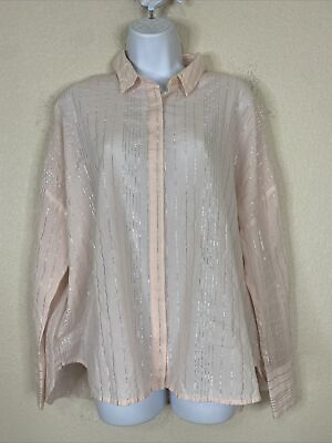 #ad A New Day Womens Size L Pink Silver Striped Concealed Button Shirt Oversized $9.62