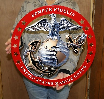 USMC Globe Round Semper Fidelis Metal Sign w Red Circle 19quot; x 19quot; $74.95