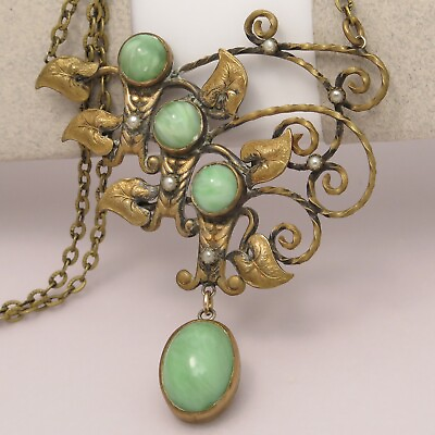 Antique Art Nouveau Deco Filigree Peking Glass Pearl Pendant Necklace $195.00