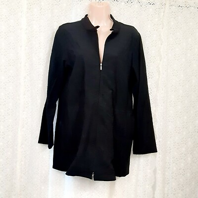 #ad Eileen Fisher Zip Up Jacket Women PM Solid Black Rayon Mock Neck Long S Ponte $48.50