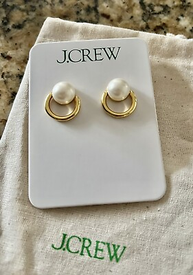 #ad J Crew Gold Pearl Circle Stud Hoop Drop Earrings NWTNEW $24.64