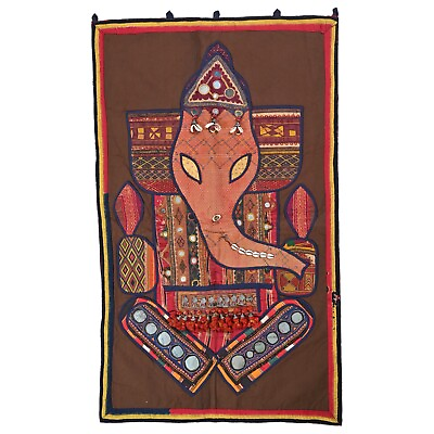 Indian Lord Ganesha Wall Hanging Vintage Embroidery Ganesha Tapestry 1.10x3 Ft $77.77
