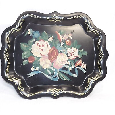 Large Tole Black Hand Painted Toleware Metal Tray Flowers Gold Trim Hanging $34.99