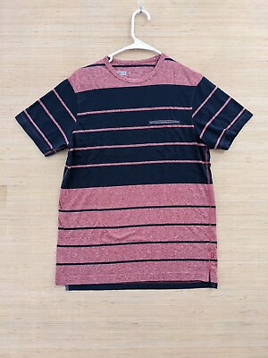 Levis Mens Shirt Red Black Striped Medium Crew Neck Short Sleeve Cotton Casual $4.84