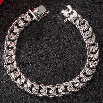 #ad 925 Sterling Silver 10mm Carved Cuban Chain Bracelet Thick Big Link for Men Boys $69.28