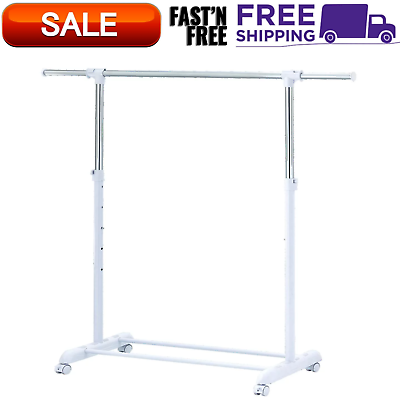 #ad Adjustable Rolling Garment Rack Metal Chrome White 47.64W x 17.32D x 64.17H $11.99