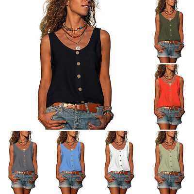 #ad Ladies Bohemian Tank Tops Sleeveless T Shirts Women Solid Color Beach Casual Tee $18.79
