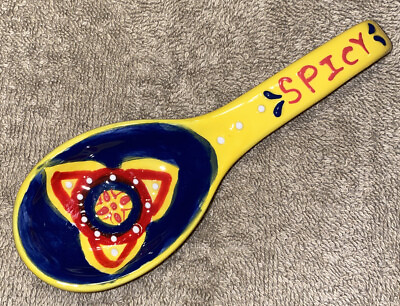 #ad Hand Painted Folk Art Spoon Blue Yellow Red Floral “Spicy” $19.97