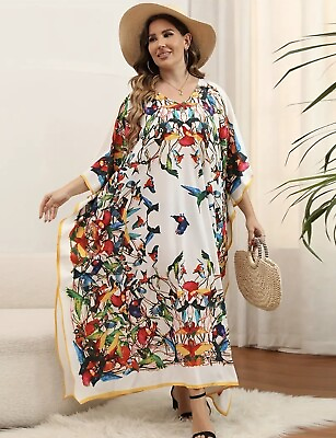 #ad New BOHO Kaftan Caftan Maxi Dress Coverup O S Kimono Wrap Robe BIRDS BUTTERFLIES $46.55