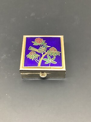 Vintage Cloisonné Pill Box Enameled Cobalt Blue W Bird amp; Flowers 1.5” Square $27.99