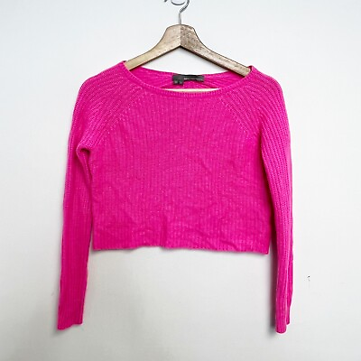#ad 360 Cashmere 100% Cashmere Hot Neon Barbie Pink Sweater Crop Top Sz XS $48.30