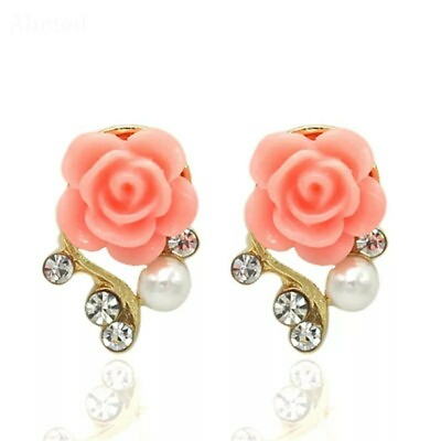 #ad Rose Pearl Crystal Earrings Peach Gold Stud Nude Flower Fashion Jewellery GBP 3.99