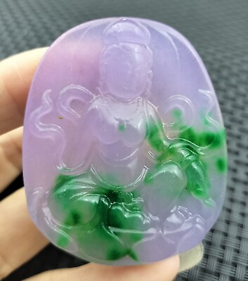 #ad Chinese Icy Green Lavender Natural Jade Carved Guanyin Kwan Yin God Pendant $35.00