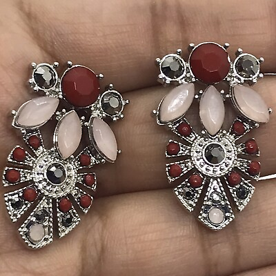 #ad Silver tone Statement stud earrings red pink black plastic accents $8.00