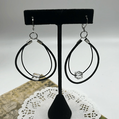 #ad Swarovski Crystal Black Two Leather Cord Dangle Earrings Handmade NEW $36.00