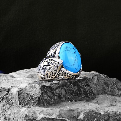 925k Silver Handmade Turquoise Stone Ring Natural Engraved Turquoise Ring $135.00