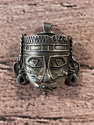 #ad Vintage Mexico Aztec Mayan God Warrior Face 3D Pendant Handmade $200.00