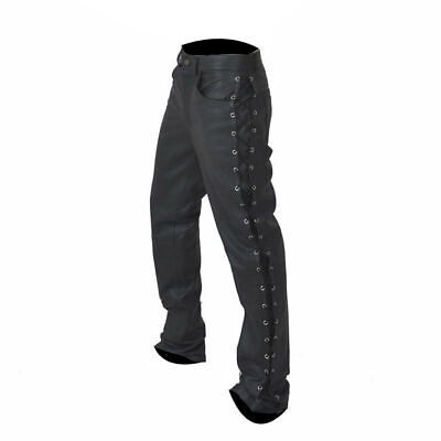 #ad Mens Side Laced Biker Pants Genuine Leather Black Jeans Stylish Fashion Trousers $109.99