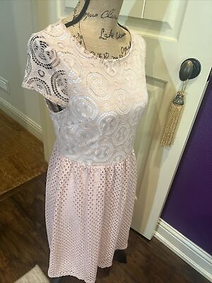 Fine Blush Lace Party Cocktail Dress Fit Flare Lined Wedding Semi Formal M 32” $24.00