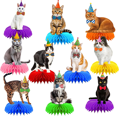 #ad 10 Pcs Cat Birthday Party Decorations Lovely Cat Honeycomb Centerpieces Pet Ca $37.99