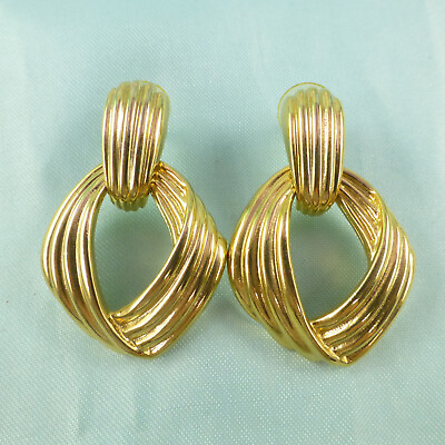 #ad Vintage Gold Tone Ribbed Door Knocker Earrings Classy Couture Style FABulous $24.00