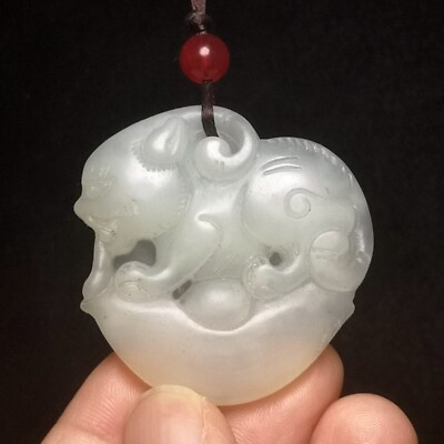 #ad China 100% Natural Jade Carved Propitious Beast Pendant Necklace Wonderful Gift $15.99