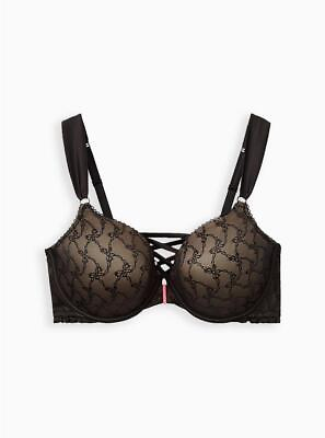Torrid Betsey Johnson Black Bow Lace Front Clasp Lightly Lined T Shirt Bra 46D $59.00