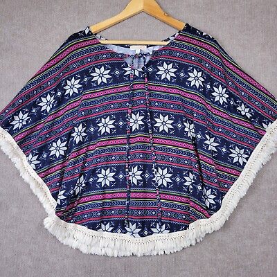 #ad GB GIANNI BINI Sweater Womens Medium Shortsleeve Tassels Front Tie Relax Poncho $12.39