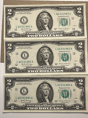 Sequential Uncirculated Two Dollar Bill $2 Note $3.39