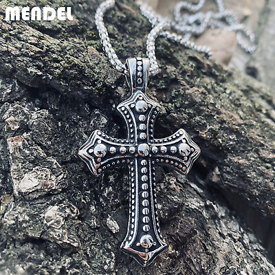 MENDEL Mens Biker Catholic Cross Pendant Necklace For Men Ashes Stainless Steel $11.99