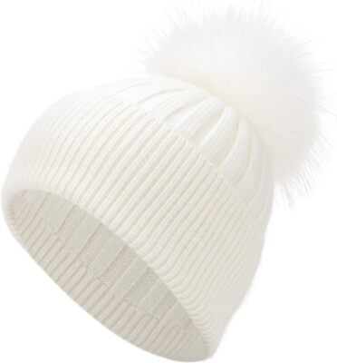 #ad Women Cashmere Winter Ribbed Cuffed Beanie Hat with Real Fur Pom Rc White 1 $59.97