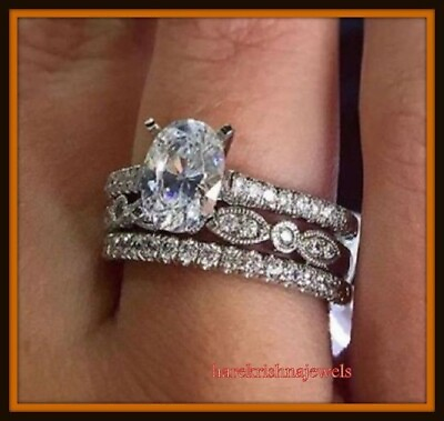 #ad 3CT Lab Created Oval Cut Diamond Trio Set Engagement Ring 14K White Gold Finish $194.88