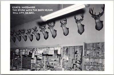 HILL CITY South Dakota RPPC Real Photo Postcard quot;COATS HARDWAREquot; Deer Heads $4.50