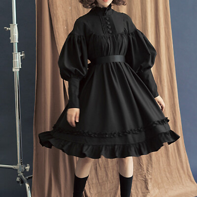Womens Vintage Gothic Lolita Dress Loose Puff Sleeve Pure Color Princess Dresses $33.99