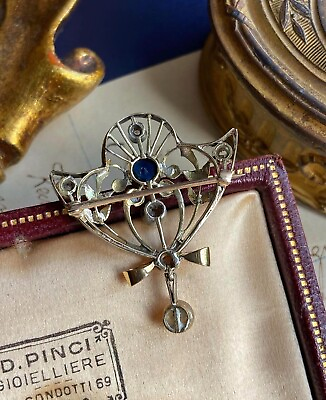 Antique Gold 14K Victorian Art Nouveau Jewelry Pin Brooch 7 Diamonds Stone 6 gr $695.00