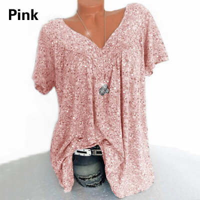 Women V Neck Short Sleeve T Shirt Summer Baggy Casual Blouse Shirt Top Plus Size $10.97