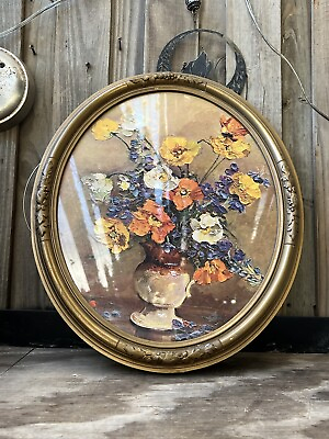 #ad Vintage Shabby Chic Wood Gesso Gold Floral Oval Flower Pint Picture Frame $75.00
