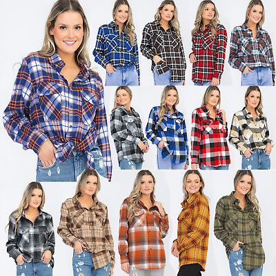 #ad Ladies Womens Plaid Flannel Oversized Long Sleeve Shirt S M L XL XXL $19.91