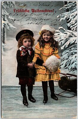 #ad Frohliche Weihnachten Cute Little Couple Yellow Dress White Hat Posted Postcard $8.99
