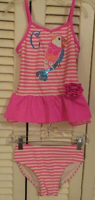 #ad Flapdoodles Girls Pink Stripe quot;Cquot; Monogram 2Pc Swimsuit Sz 6 Parrot Sequins $15.34