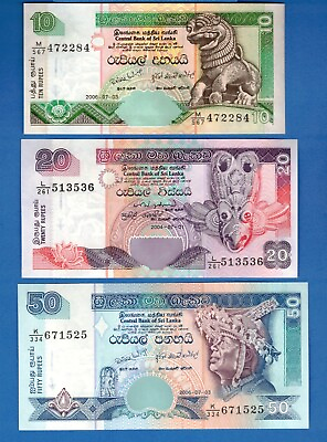 Sri Lanka 10 amp; 20 amp; 50 Rupees World Paper Money Uncirculated Banknotes Set # 4 $4.95
