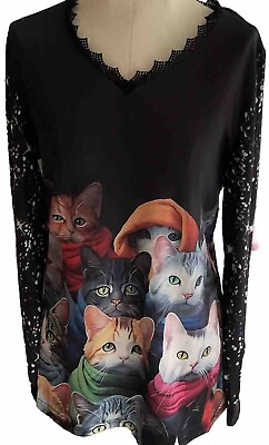 #ad Cat Lover Womens Shirt Long Sleeve Top Black Multicolored V Neck Lace Large New $14.88