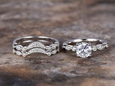 #ad Trio Engagement Ring Set 14K White Gold 2.75Ct Round Cut White Moissanite Size 8 $237.40