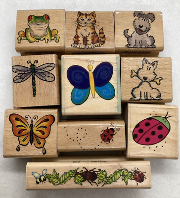 #ad Vintage Small Rubber Stamp Lot of 10 Animals Cat Dog Butterfly Lady Bug Frog $19.69