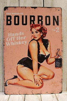 #ad Bourbon Whiskey Pinup Girl Tin Sign Metal Poster Vintage Style Bar Rustic XZ $10.77