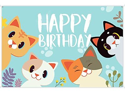 #ad Happy Birthday Banner Backdrop Sky Blue Cute Cat Theme Party Decor Picks for ... $19.60
