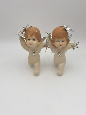 #ad Vintage Plastic Angel Christmas Ornaments Flocked Body Silver Wings $15.00