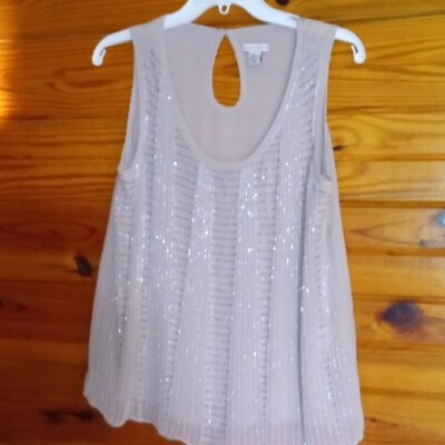 #ad small beige sleeveless top beaded design front $6.00